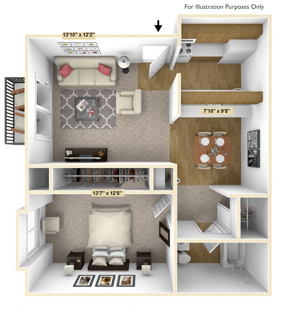 Floor plan for 1 bed, 1 bath, 600 sqft